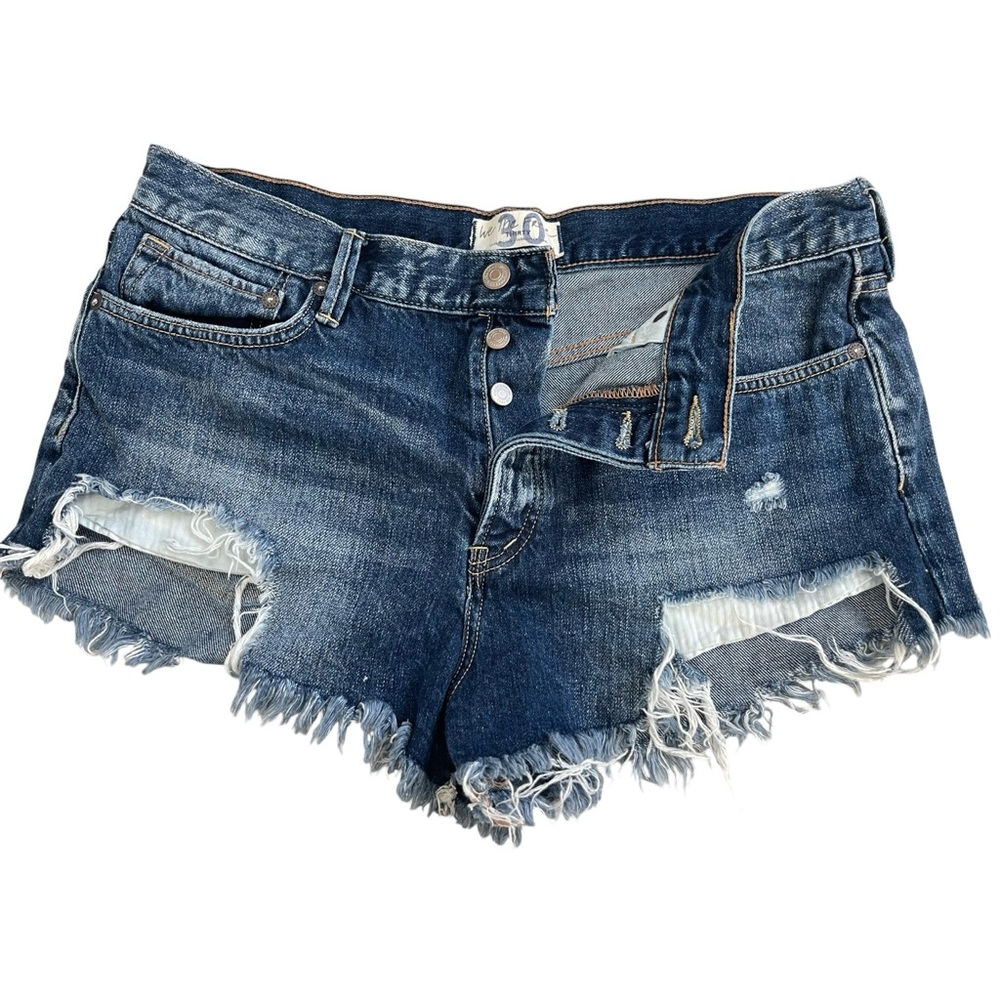 We The Free Size 30 Distressed Denim Cutoff Shorts Frayed Hem Button Fly Dark